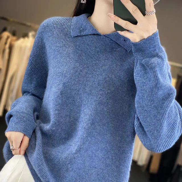 Women's Autumn And Winter Half high Collar Wool Sweater Pullover Flower Blue - Shop at LoveMi