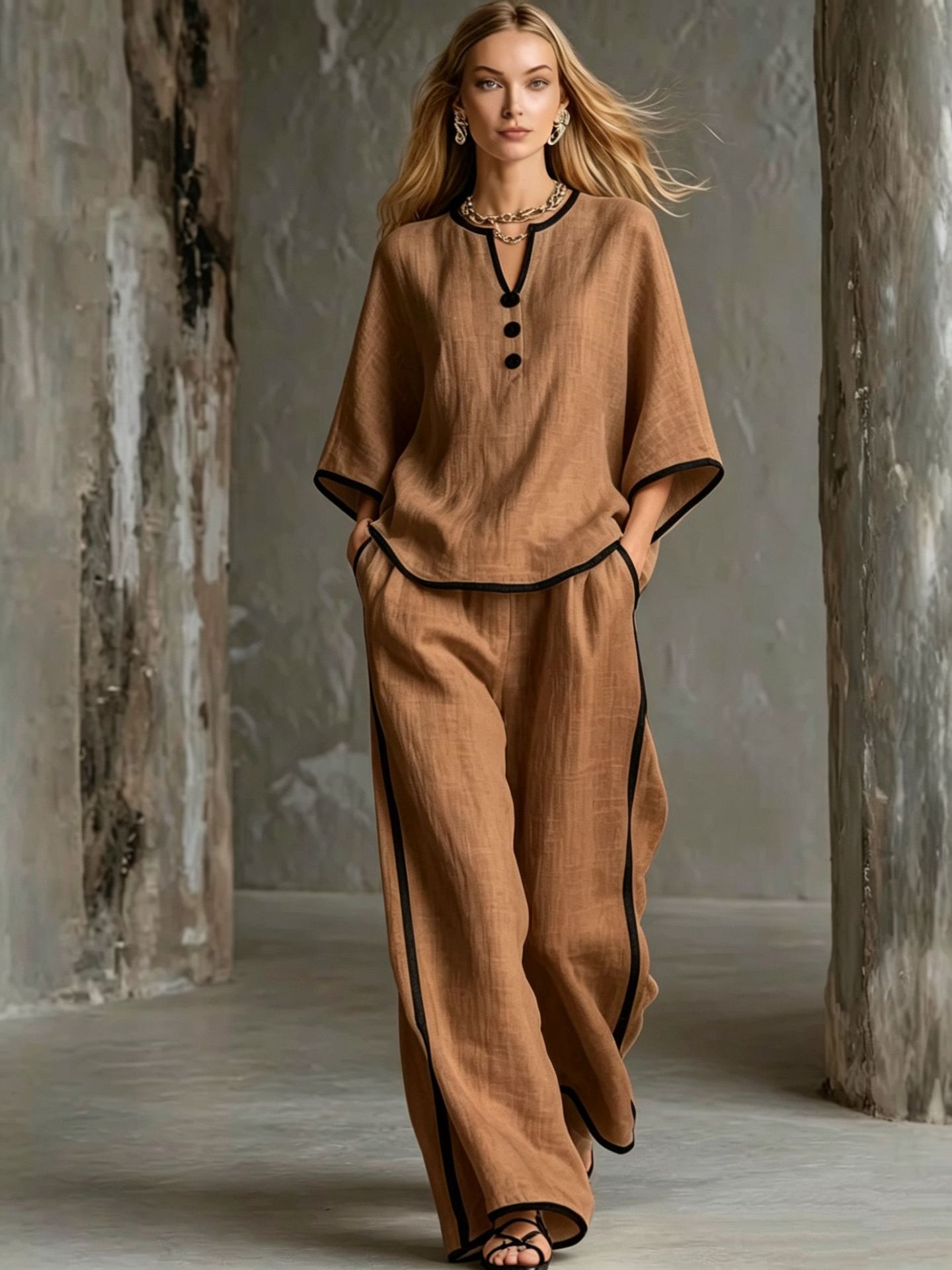 V-neck Loose Batwing-sleeve Top And Wide-leg Pants Set 6