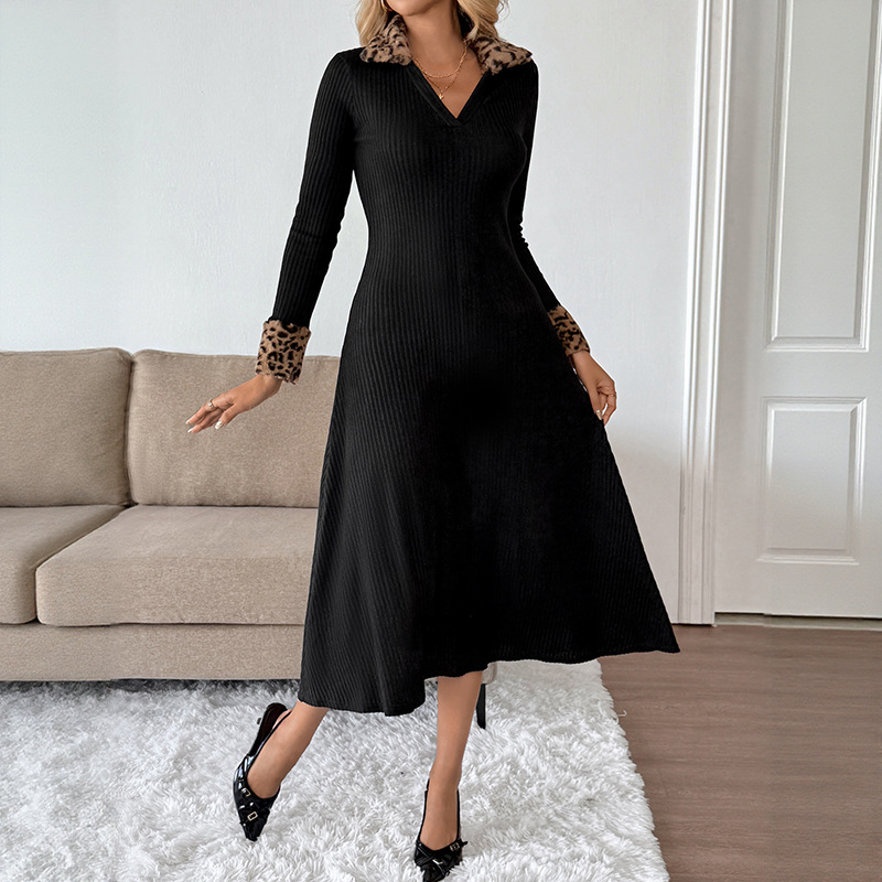 Slim Fit V-neck Leopard Print Stitching Long Sleeve Dress