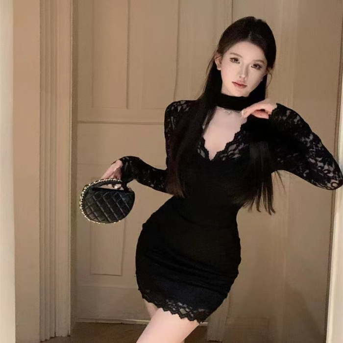 Halter Lace Dress Women's Autumn And Winter Hip wrapped Figure Inner Skirt Black - Shop at LoveMi