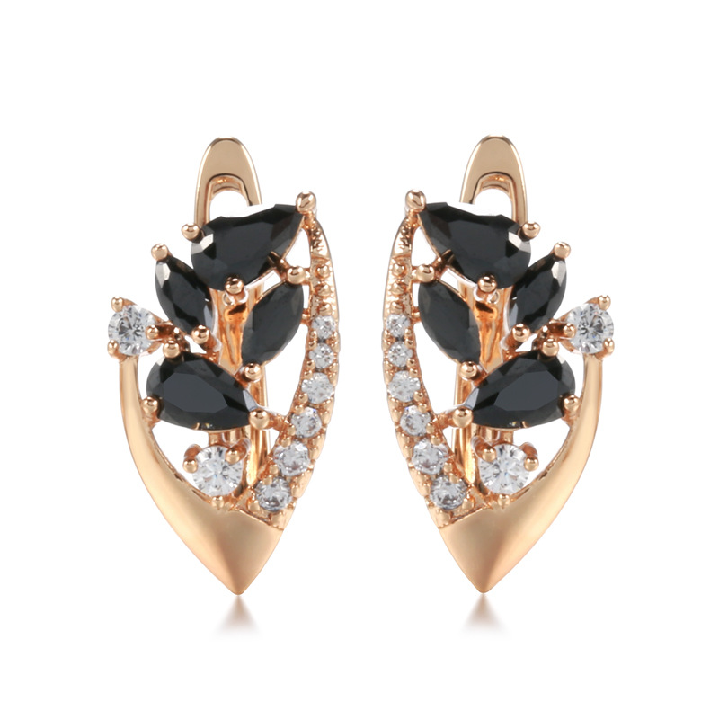 S585 Rose Gold Black Agate Flower Earrings For Women
