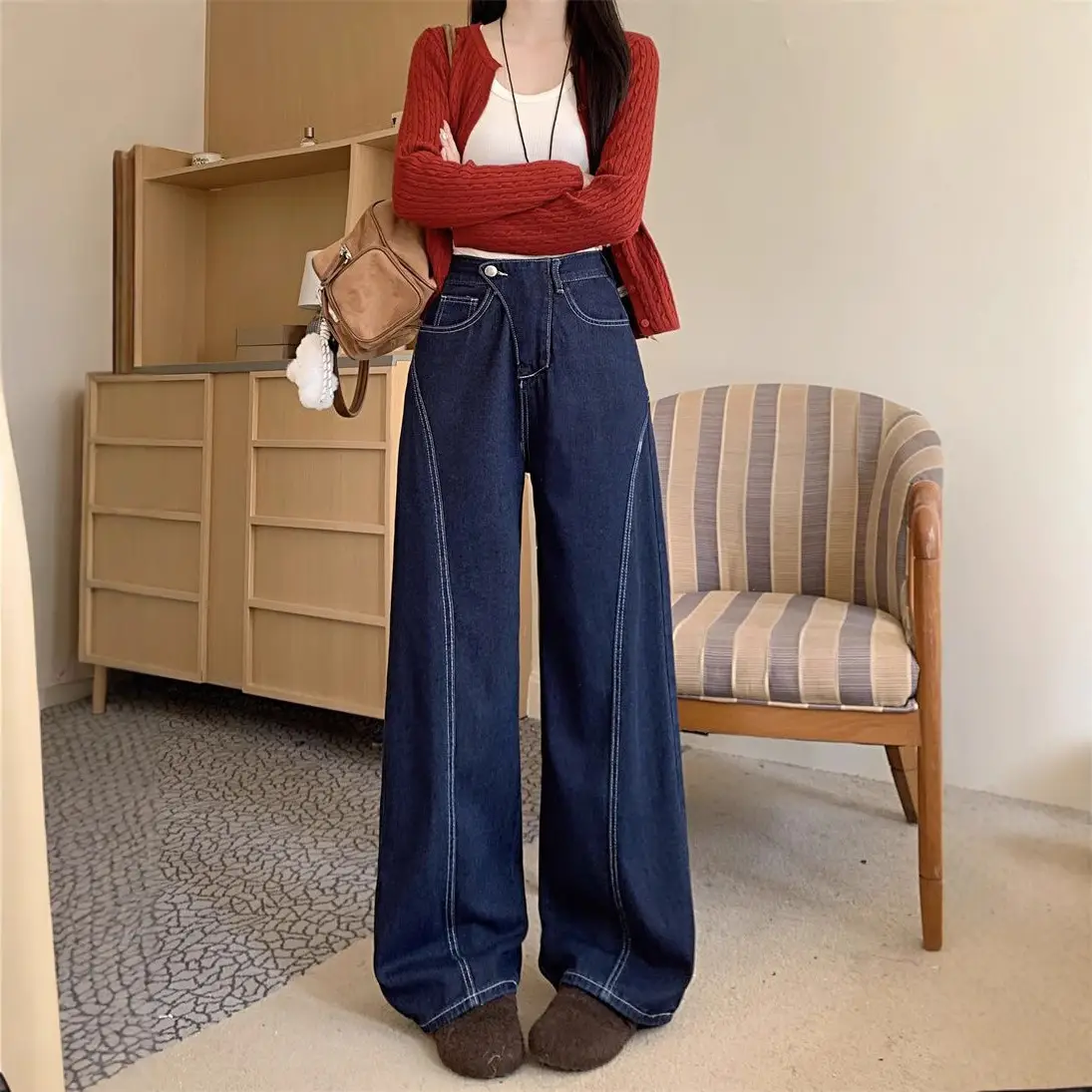 American Retro Irregular Dark Blue Jeans