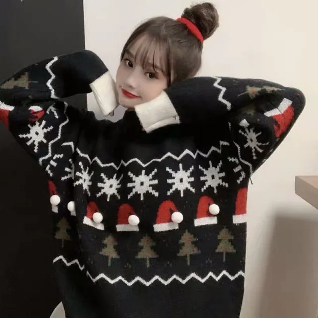 Loose Round Neck Pullover Women's Sweater Women Black - Shop at LoveMi