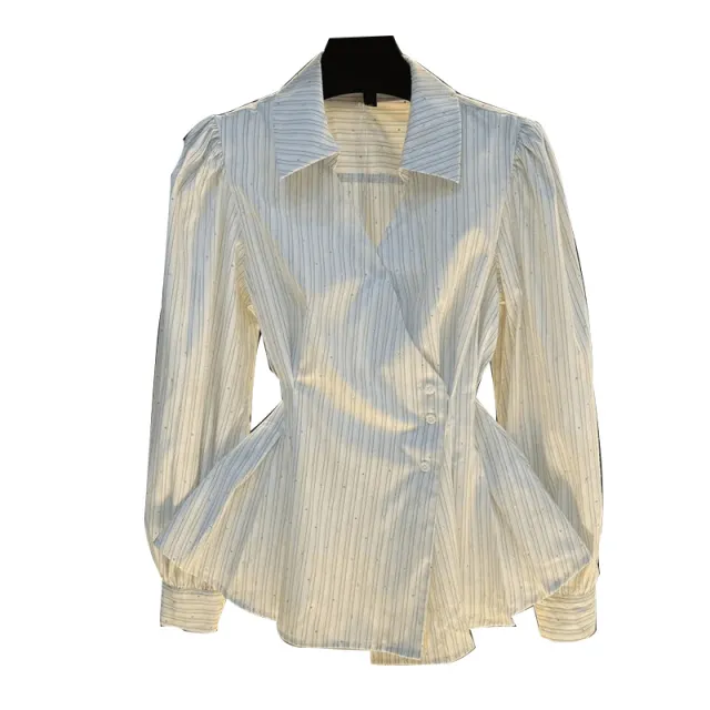 Temperament Waist tie Long sleeved Shirt Striped Cardigan Women Stripes M - Shop at LoveMi