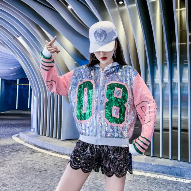 Women's Sequined Hip Hop Casual Loose Baseball Collar Jacket Coat Silver - Shop at LoveMi