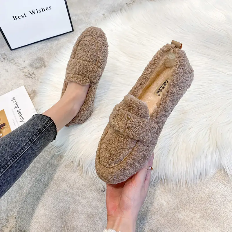 Winter Plush Flats Shoes Ins Fashion Slip On Loafers Women's Warm Peas Shoes