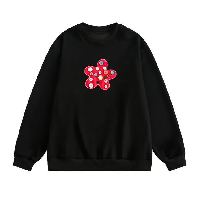 Flower Patch Loose Round Neck Sweater Black - Shop at LoveMi