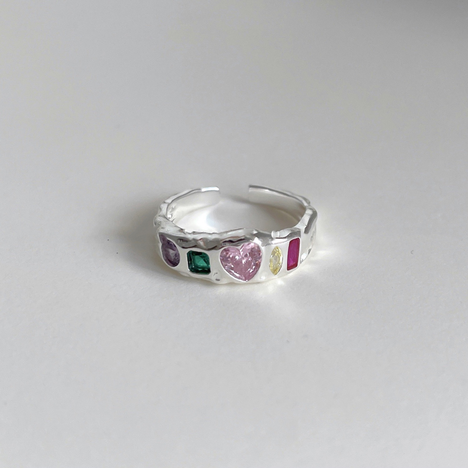 S925 Sterling Silver Colorful Crystals Love Heart-shaped Ring