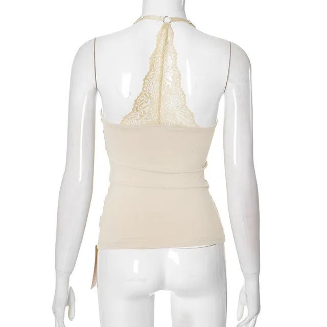 European And American Solid Color Sexy Lace Off the shoulder Strap Top Apricot - Shop at LoveMi