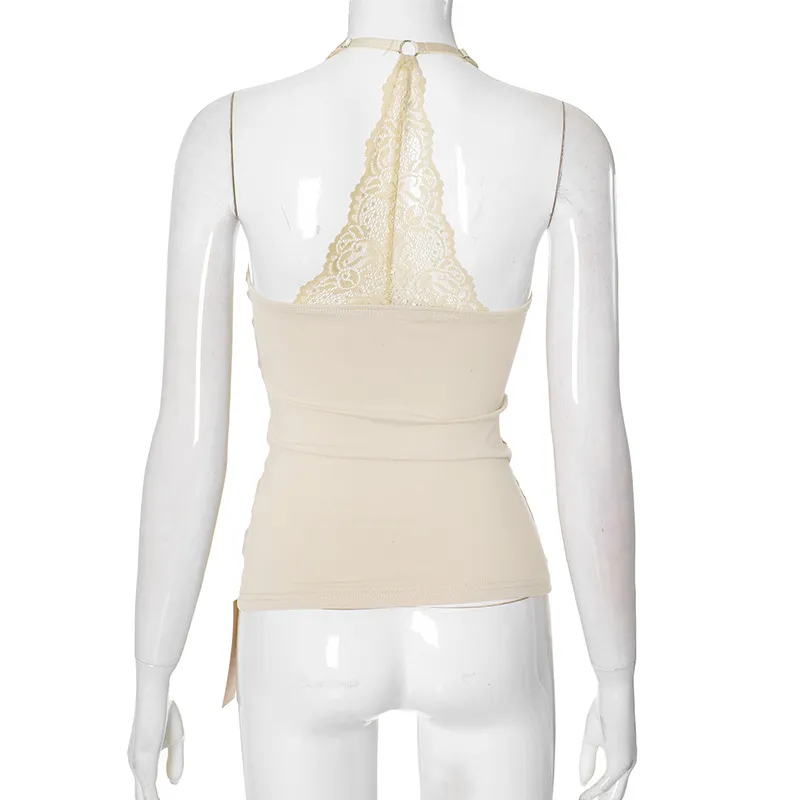 European And American Solid Color Sexy Lace Off-the-shoulder Strap Top - Apricot