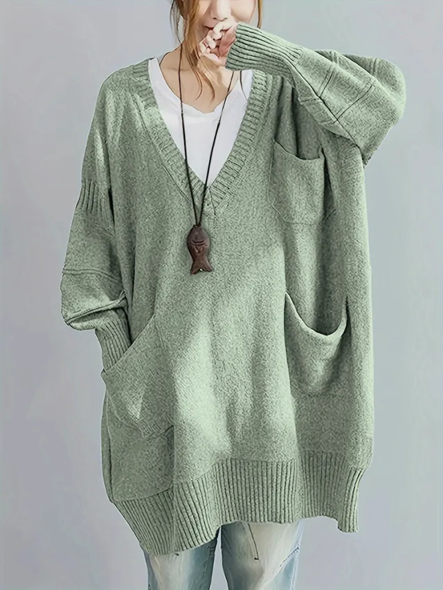 Loose fitting V neck Long Sleeves Outerwear Sweater Light Bean Green - Shop at LoveMi
