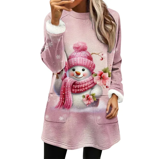 Snowman Digital Printing Casual Wide sleeved Velvet Loose Sweater Pink Snowman - Shop at LoveMi