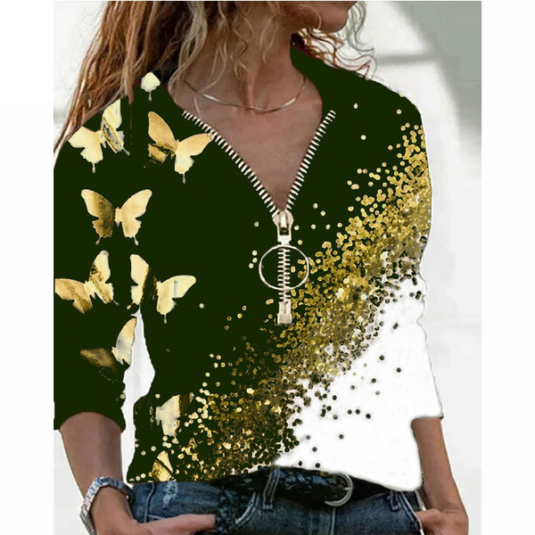 European And American Top Autumn And Winter New V-neck Zipper Butterfly Print Long Sleeve Positioning T-shirt