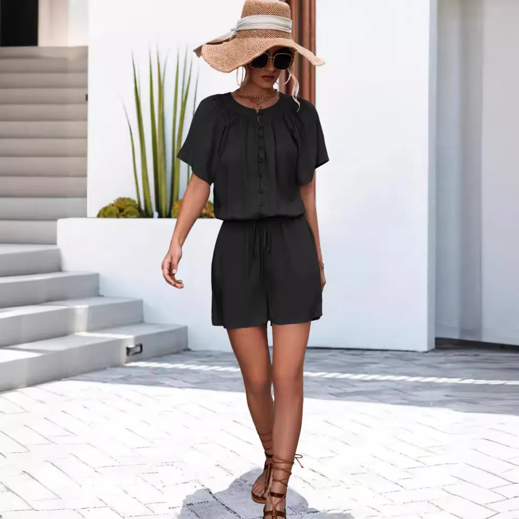 Solid Color Pleated Lace-up Button Jumpsuit - Black