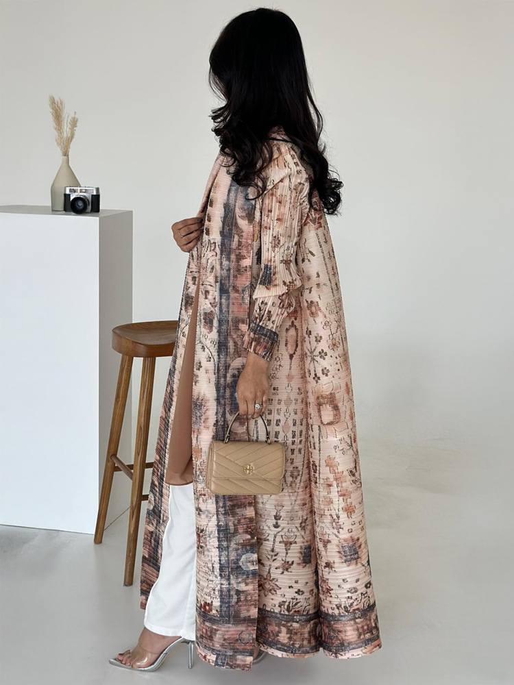 Pleated Print Cardigan Long Coat Arabic Robe Plus Size Lotus Root Color - Shop at LoveMi