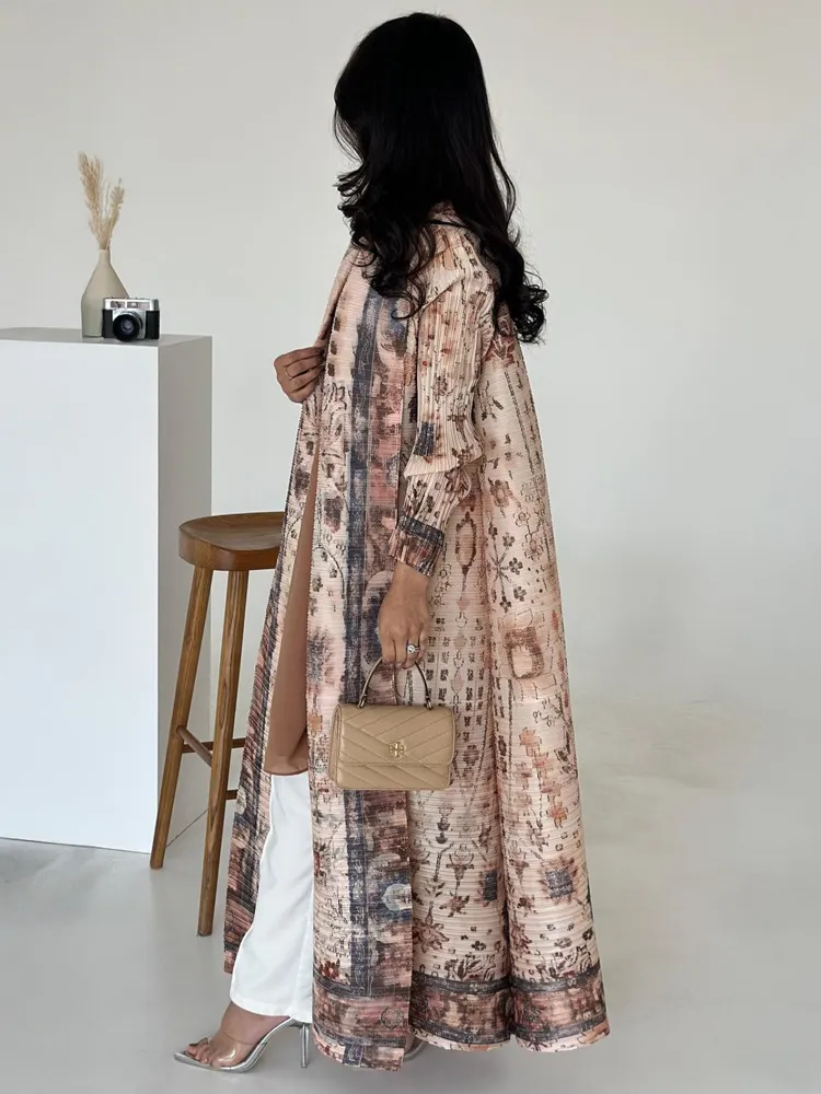 Pleated Print Cardigan Long Coat Arabic Robe Plus Size - Lotus Root Color
