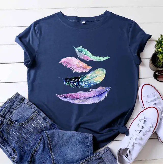 European And American Color Feather Printed Cotton Short sleeved T shirt Dark Blue - Shop at LoveMi