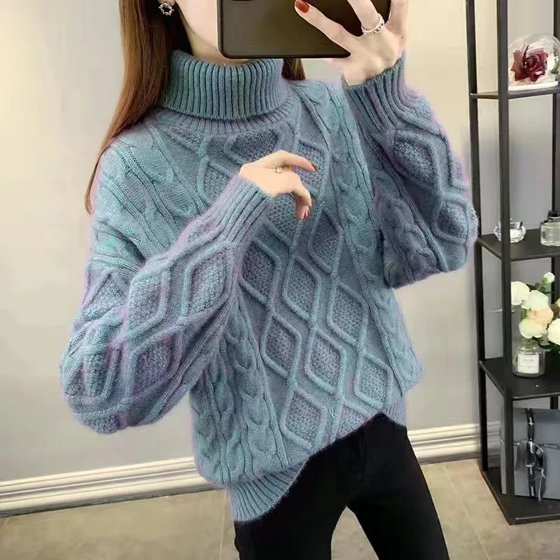 Women's Two-lapel Korean Style Lazy Style Solid Color Thick Twist Sweater - Flower Basket-Free Size