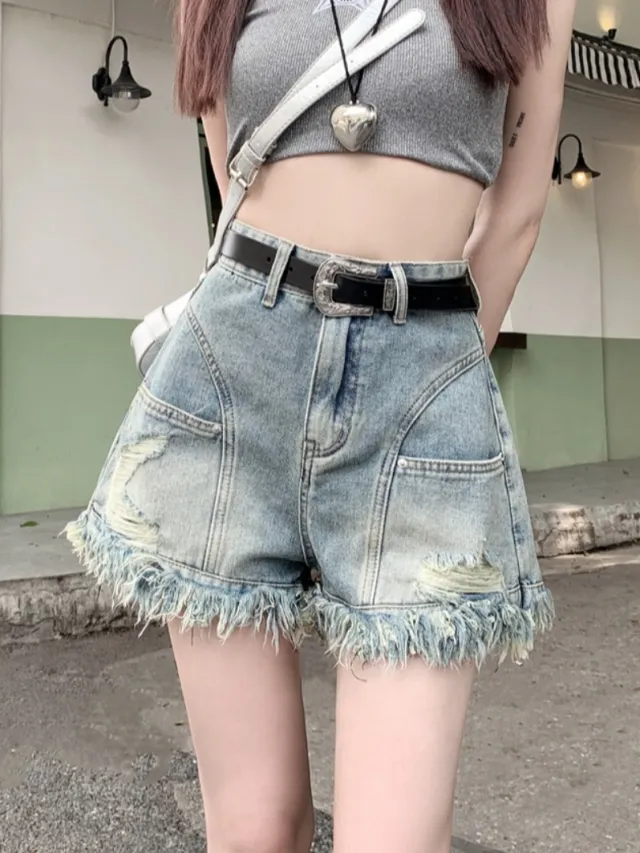 Ripped Denim Shorts Wide Leg Frayed Hem A Line Retro High Waist Blue Version - Shop at LoveMi