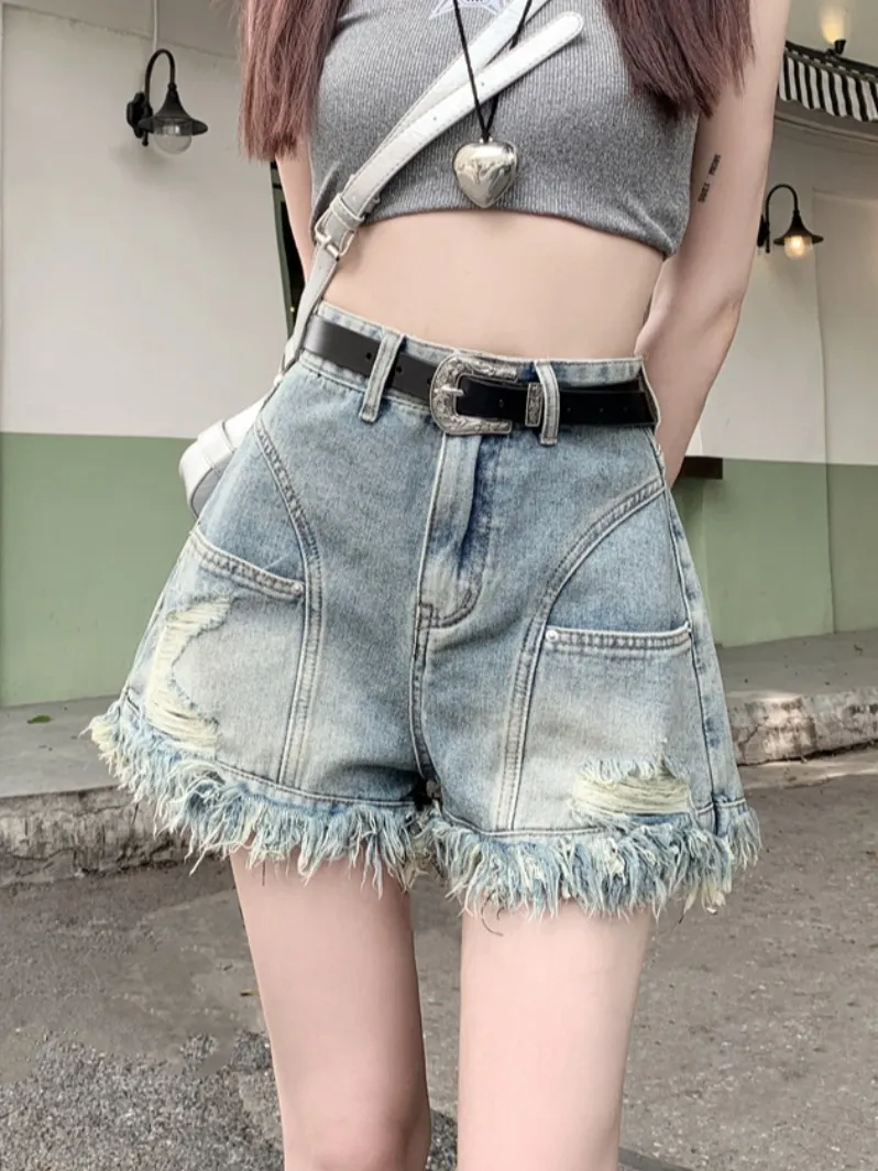 Ripped Denim Shorts Wide Leg Frayed Hem A- Line Retro High Waist - Blue Version