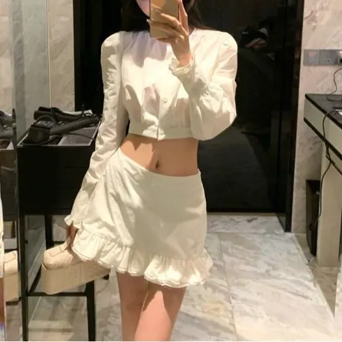 Korean New Fashion Set White Short Long Sleeve Shirt Women White - Shop at LoveMi