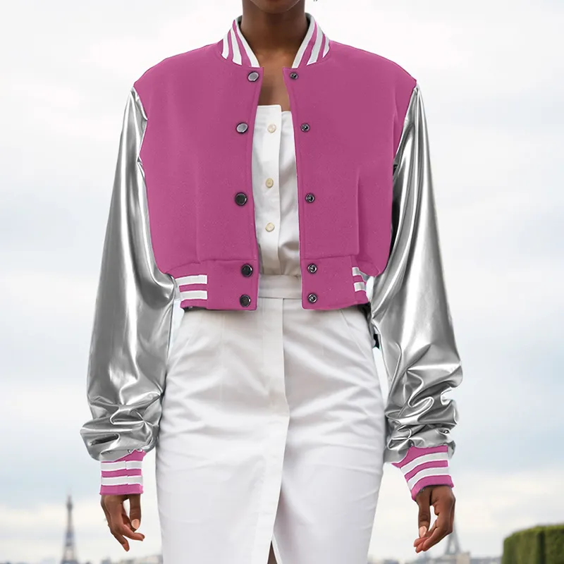 Solid Colour Casual Button Long Sleeve PU Leather Baseball Uniform - Rose
