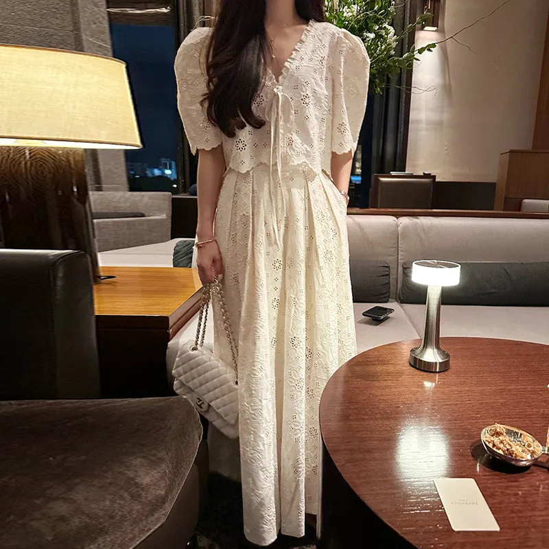 Embroidered Top High Waist Pleated Skirt Two-piece Set - Apricot Shirt