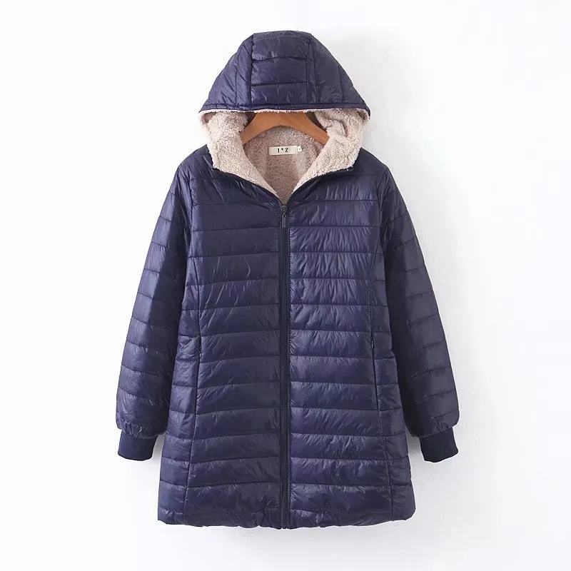 Autumn And Winter New Mid-length Waterproof Hooded Slim Fit Fleece Lined Coat Warm Berber Fleece Top Women's Coat - Navy