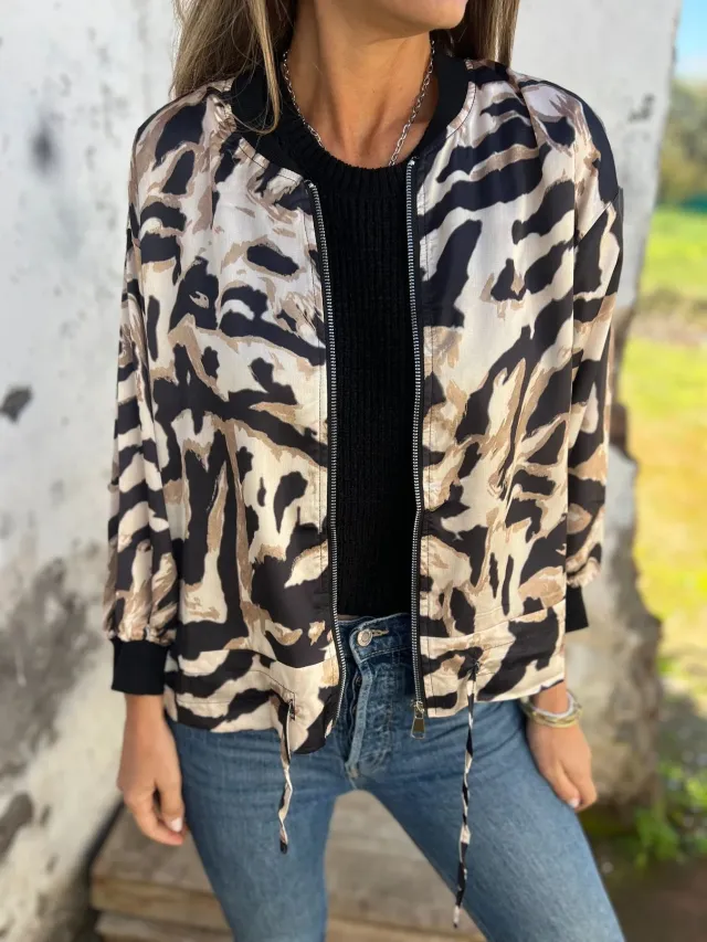 Jacket Zipper Coat Top Women Beige Zebra Stripes - Shop at LoveMi