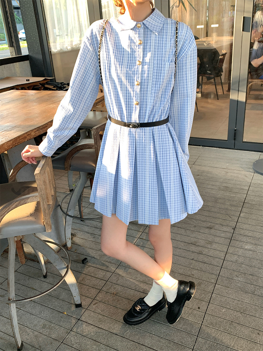 Fashionable Lace Blue Elegant Plaid Long sleeved Shirt Dress Blue - Shop at LoveMi