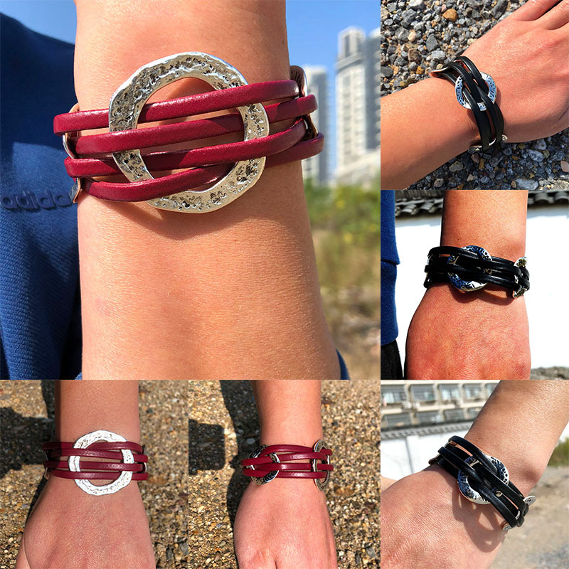 Retro Silver Ring Woven Handmade Leather Cord Bracelet