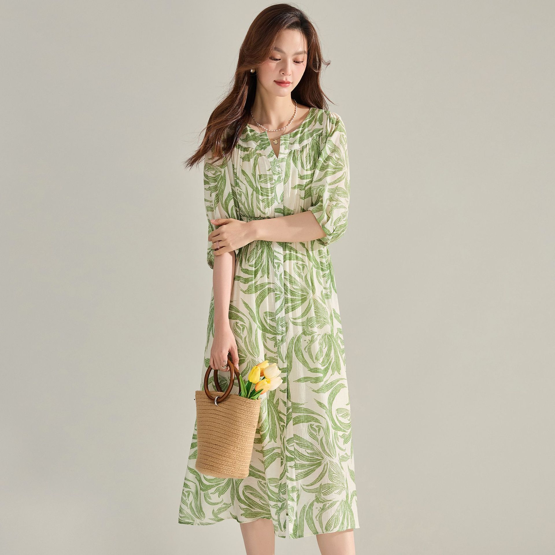 V-neck Green Printed Dress Lantern Sleeve Dress