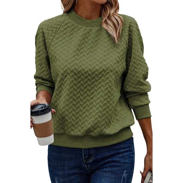 Solid Color Textured Round Neck Sweater Green - Shop at LoveMi