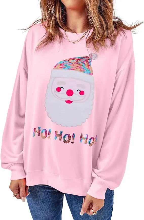 Santa Claus Sequins Festival Casual Long Sleeve Sweatshirt Pink Big Head - Shop at LoveMi