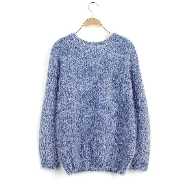Women's Loose Candy Colored Mohair Pullover Sweater Denim Blue - Shop at LoveMi