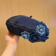 Japanese Minority Contrast Colour Three-dimensional Flowers Denim Beret - Navy - View 1