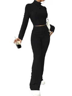 Solid Color Rib Fabric Women's Long-sleeved Knitwear And Trousers Suit - Black - View 1