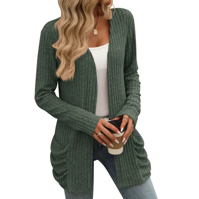 Solid Color Rib Fabric Brushed Pocket Cardigan Long Sleeve Coat Green - Shop at LoveMi