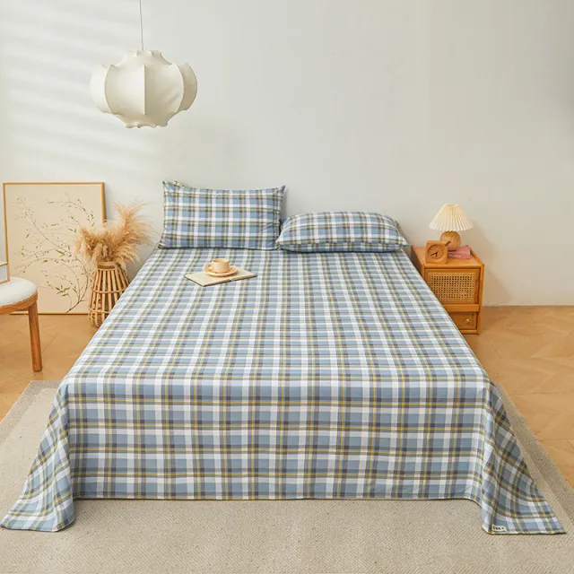 Pure Cotton Old Coarse Cloth Cotton Bedding Three piece Set Sea Tide Plaid Blue - Shop at LoveMi