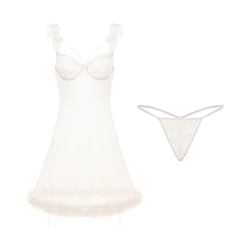 Plus Size Pure Desire Sheer Mesh Cute Flounced Sleeve Deep V Plus Steel Ring Night Skirt Suit