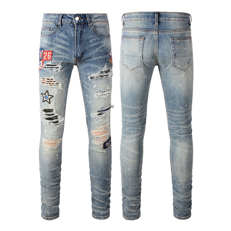 Title 10, Medal Printed Badge Ripped Jeans Men