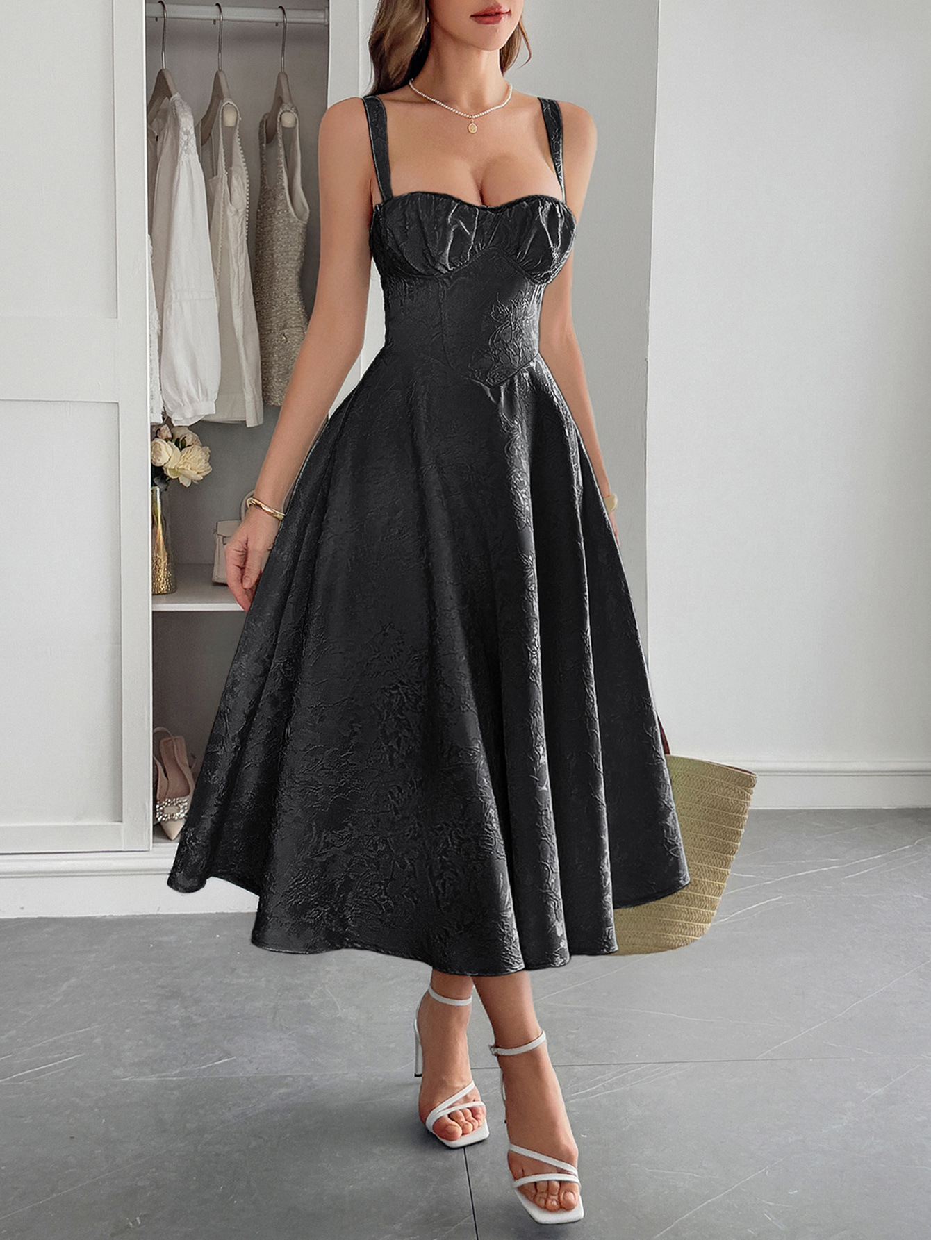 Elegant Graceful Strap Jacquard Maxi Dress Women's Clothing Black - Shop at LoveMi