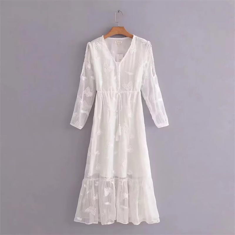 Butterfly Embroidered Lace Shoulder Chiffon Dress