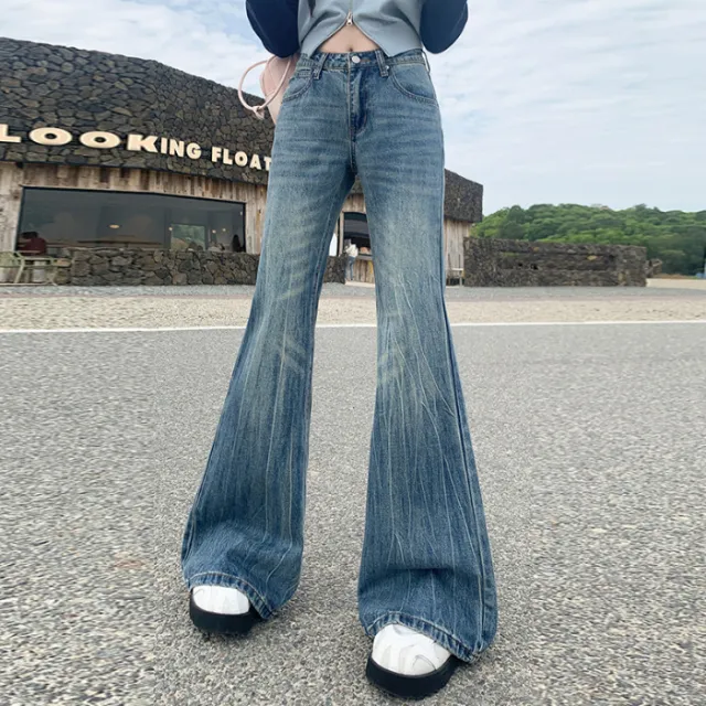 American Retro Bell bottom Pants Spring Slim fitting All matching Blue Trousers - Shop at LoveMi