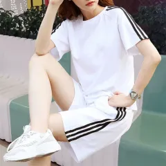 Casual Sportswomen Three-stripe Loose Short Sleeve Shorts Two-piece Set - White - View 1