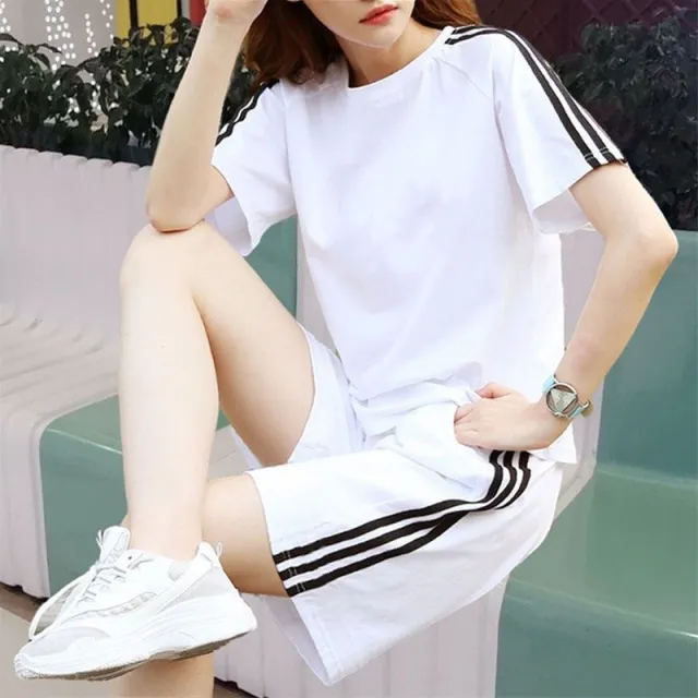 Casual Sportswomen Three stripe Loose Short Sleeve Shorts Two piece Set White Suit - Shop at LoveMi