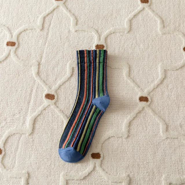 Autumn And Winter Vertical Stripes Retro Color Hem Tube Socks Blue Heel - Shop at LoveMi