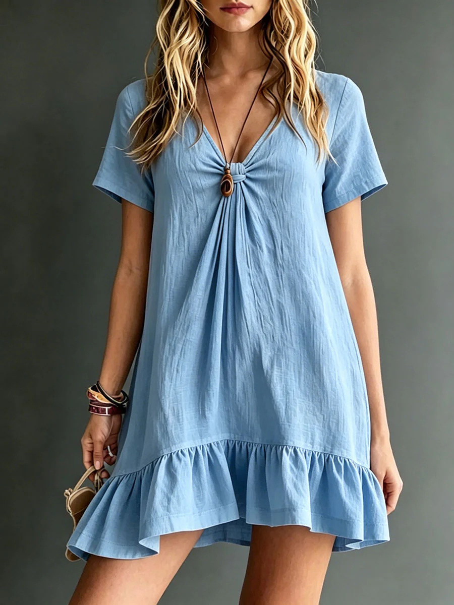 Women's V-Neck Short-Sleeve Midi Dress  Ice Silk Crepe Loose Casual   Zulily