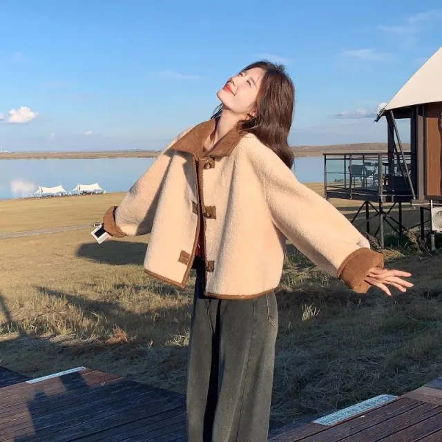 New Lamb Wool Coat Female Leather Coffee Color - Shop at LoveMi