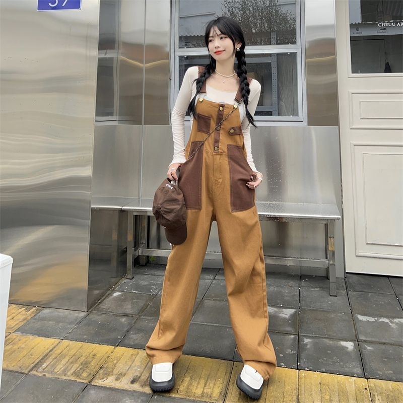 Youthful And Chic American-Style Burger Embroidery Denim Suspender Pants